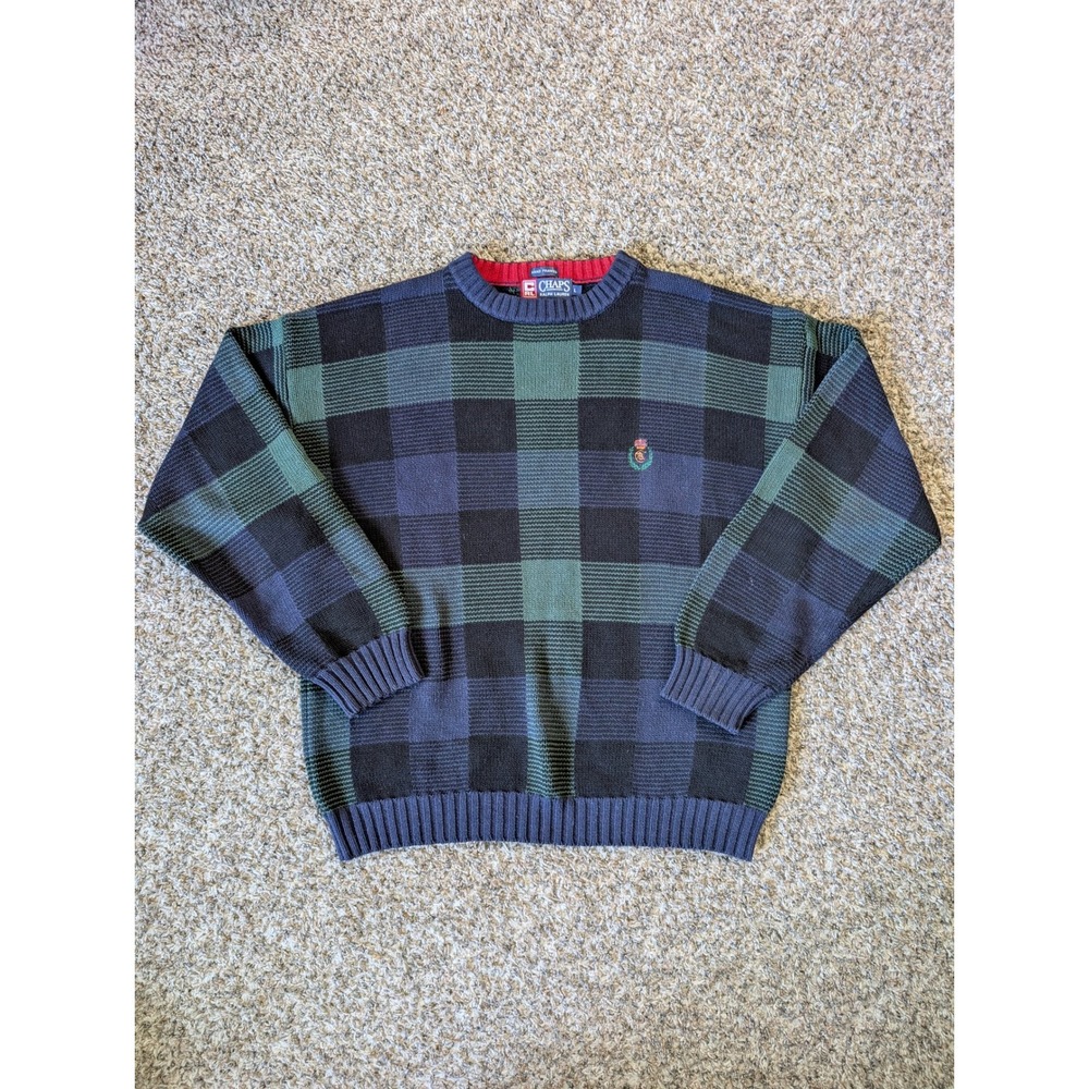 Chaps Ralph Lauren Vintage Plaid Cotton Sweater Mens Large Navy Green Check